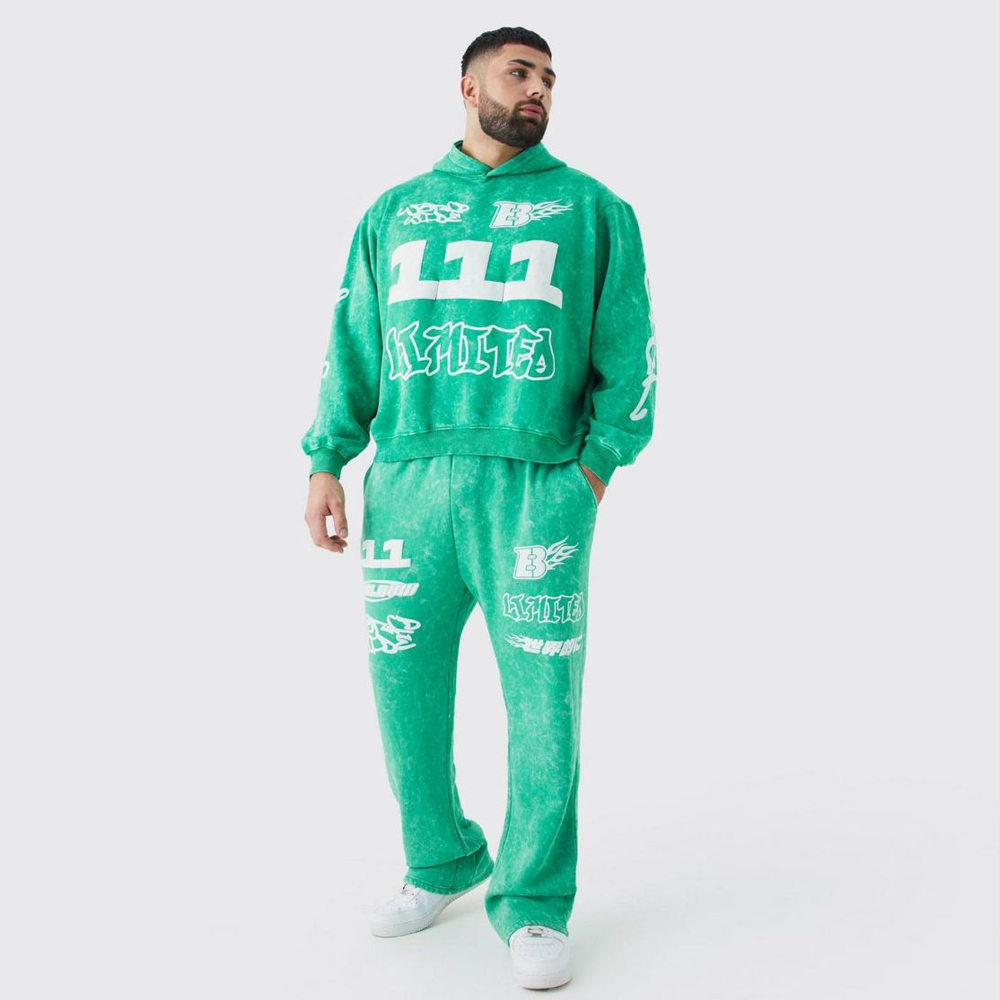 Plus OvePRFTS-zed Boxy Ribbed Puff Print Hooded Tracksuit – Green