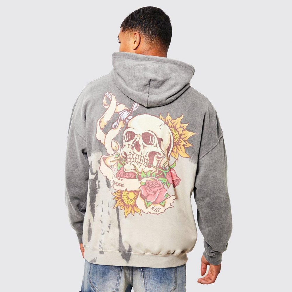 OvePRFTS-zed Bleach Tie Dye Skull GRraphic Hoodie – Grey