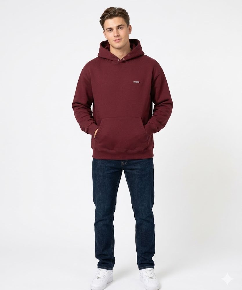 Burgundy Snap-Neck Essential Hoodie