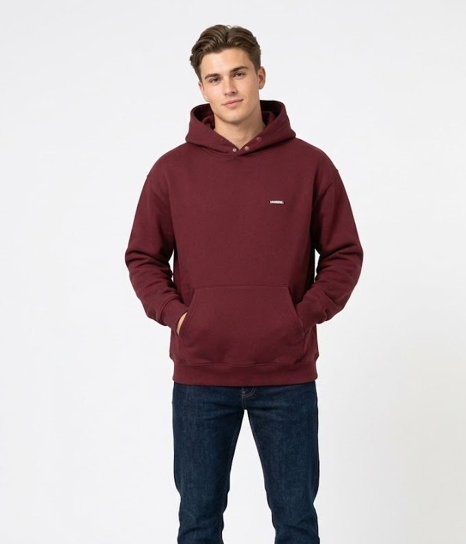 Burgundy Snap-Neck Essential Hoodie