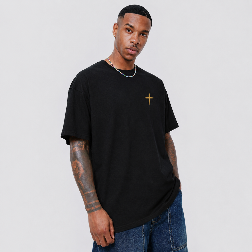 Premium Oversized Black T-Shirt with Gold Cross Chest Print